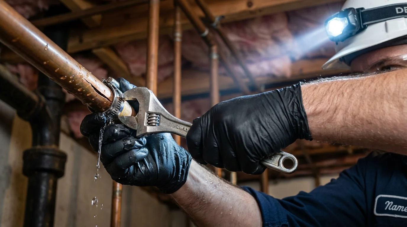 Emergency pipe clamp repair being performed by a Johns Plumbing LLC plumber in Cut Off