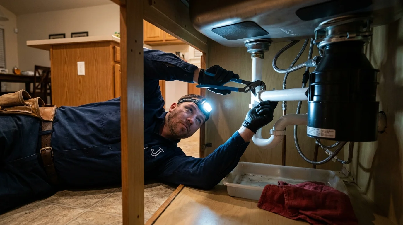 P-trap and supply line connections under a kitchen sink showing a common leak point in Cut Off, LA